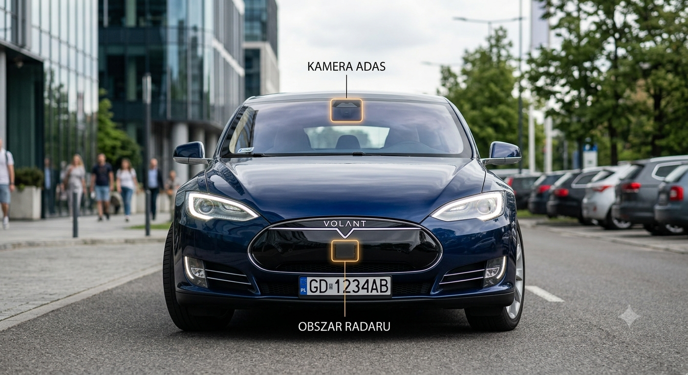 Czujniki ADAS w nowoczesnym samochodzie — kamera za szybą i radar w grillu