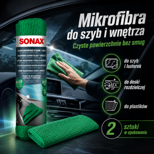 595e292eab806174ae96233d8a591073.png SONAX mikrofibra do szyb i wnętrza 2szt - 498.441 - Zielona